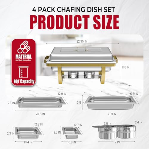 IMACONE 4 Pack Chafing Dish Buffet Set, 8QT Stainless Steel Rectangular Gold Frame Chafers and Buffet Warmer Sets 7 Pans Rolled-Edge Design for Catering Event Party Holiday - color: Gold Frame, size: 4-Pack Combo