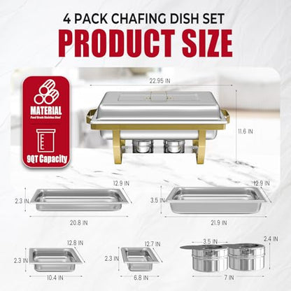 IMACONE 4 Pack Chafing Dish Buffet Set, 8QT Stainless Steel Rectangular Gold Frame Chafers and Buffet Warmer Sets 7 Pans Rolled-Edge Design for Catering Event Party Holiday - color: Gold Frame, size: 4-Pack Combo