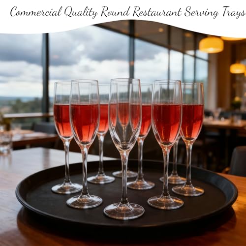 9 Pcs 16 Inch Large Restaurant Serving Trays Black Round Non Slip Plastic Tray with Rubber Lined for Bar Drink Cafeteria Food Coffee Table Hotel Party