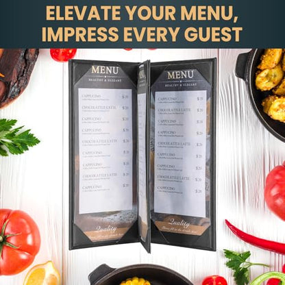12 Pack 4 View Menu Holder Menu Covers 4.25" x 11" | Black Leather Menu Sleeves Book Style for Restaurant Coffee Bars Wine List - size: 4 View