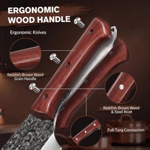 MDHAND Butcher Knife Set, Hand Forged Kitchen Chef Knife Set with Roll Bag - size: 14PCS Hammer Pattern Butcher Knife Set