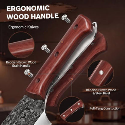 MDHAND Butcher Knife Set, Hand Forged Kitchen Chef Knife Set with Roll Bag - size: 14PCS Hammer Pattern Butcher Knife Set