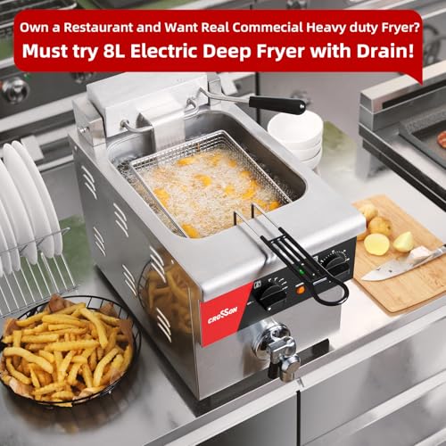 CROSSON 8L Countertop Electric Deep Fryer with Draining Valve,Solid Basket and Lid for Restaurant Use 120V,1800W Stainless Steel Commercial Deep Fryer - size: Single Tank,8L