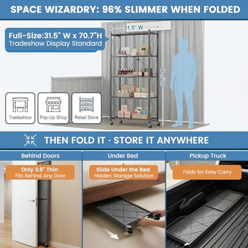 ALANNG 70.7" H Metal Storage Shelves, 5 Tier Folding Storage Shelves on Wheels - color: Grey