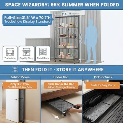 ALANNG 70.7" H Metal Storage Shelves, 5 Tier Folding Storage Shelves on Wheels - color: Grey