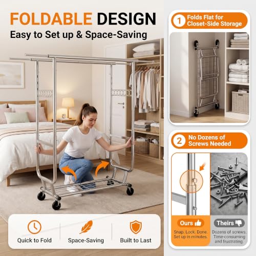 Clothes Rack, Heavy Duty Garment Rack Load 660 LBS, Rolling Clothes Rack for Hanging Clothes, Height Adjustable& Scalable& Foldable, for home or commercial, 75"x 22"x 68", Silver - color: 2 Rods& Silver