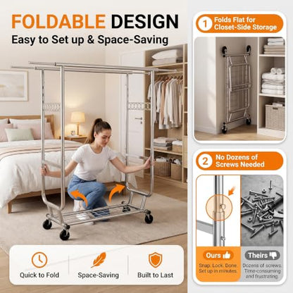 Clothes Rack, Heavy Duty Garment Rack Load 660 LBS, Rolling Clothes Rack for Hanging Clothes, Height Adjustable& Scalable& Foldable, for home or commercial, 75"x 22"x 68", Silver - color: 2 Rods& Silver