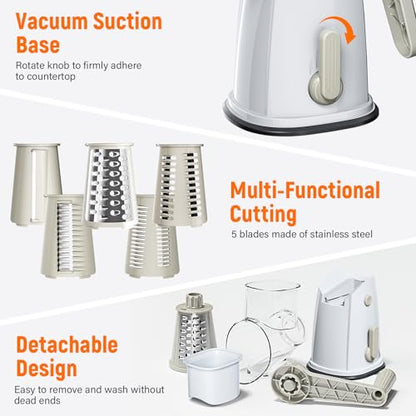 Rotary Cheese Grater Hand Crank, 5-in-1 Vegetable Chopper Spiralizer Slicer - color: White