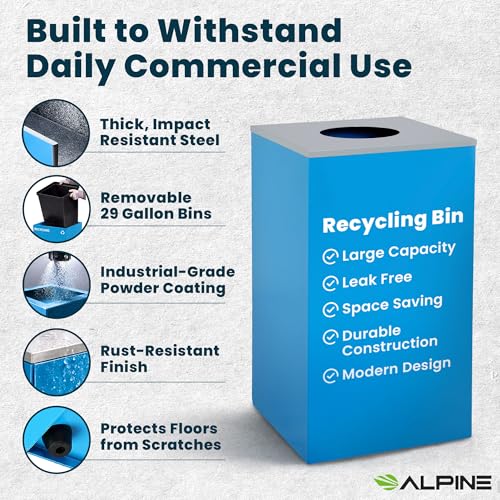 Alpine Commercial Indoor Recycle Bin with Lid - 29 Gallon Blue Recycle Bin Recycle Trash Can Office Recycling Bins, Metal Recycling Container with Stickers & 3 Optional Lids Sold Separately - color: Blue Can