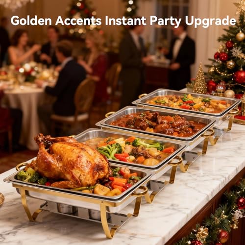 9Qt Chafing Dishes for Buffet, 4 Pack Gold 304 Stainless Steel Chafing Dish Sets, Food Warmers for Parties Buffet,Complete Buffet Servers and Warmers to Keep Food Warm - color: Full Golden