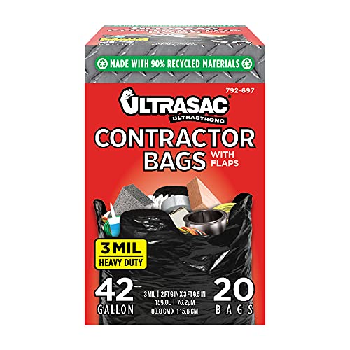 Ultrasac Contractor Bags 42 Gallon (20 PACK/w FLAP TIES), 32.75 x 44.5-3 MIL Thick Large Black Heavy Duty Industrial Garbage Trashbags for Professional Construction and Commercial use - size: 1 Count (Pack of 20)