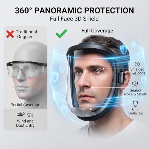 UCC LIFE Full Face Protective Shield Anti-Fog Impact Resistant Adjustable Mask (Black) - color: Black