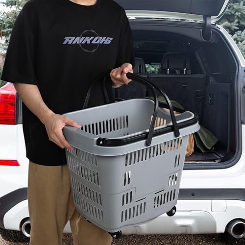 50 Liter Large Plastic Shopping Basket with Wheels, 4 Pack, Gray