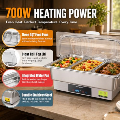 Electric Buffet Server Set with Touch Control, 9QT Three-Section Food Pan (3 × 3QT), Stainless Steel Roll Top Chafing Dish for Catering Buffet - size: 608-Triple Pan