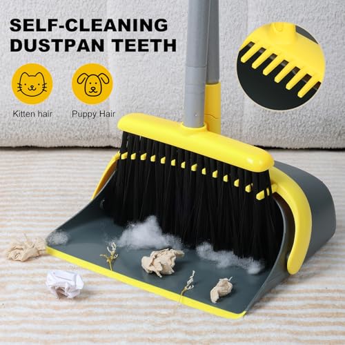 Broom and Dustpan Set with 54 Inch Long Handle - Perfect Dust Pan and Brush Combo for Home Efficient Cleaning (Yellow and Grey) - color: Yellow and Grey