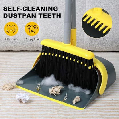 Broom and Dustpan Set with 54 Inch Long Handle - Perfect Dust Pan and Brush Combo for Home Efficient Cleaning (Yellow and Grey) - color: Yellow and Grey