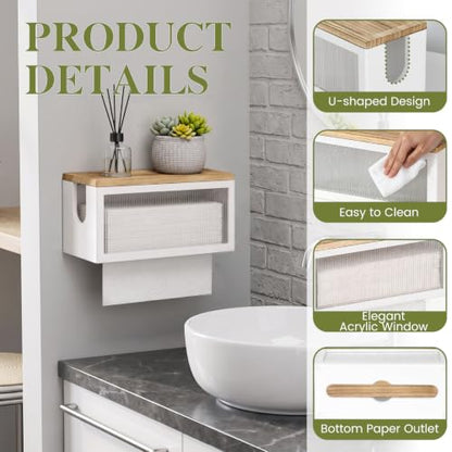 Wooden Paper Towel Holder with Lid & Acrylic Window Wall Mounted - color: White Acrylic