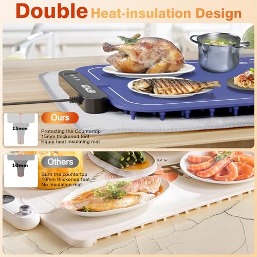 Warming Mat for Food, (XXL 35”x16”) Electric Warming Trays, Upgrade Graphene Fast Full-Surface Heating Mat for Food with 6 Level Temp, 6 Hours Timer, Food Warmer Pad with Heat-Insulating Mat - color: Blue
