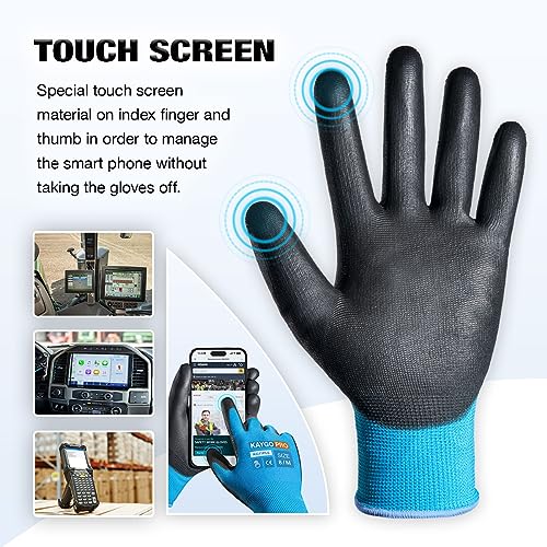KAYGO Safety Work Gloves, PU Coated, 2-Finger Touchscreen, KG11P - color: Blue (Touch Screen), size: Large