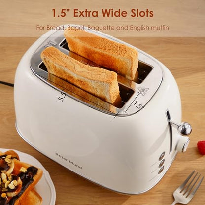 Roter Mond 2 Slice Toaster Retro Stainless Steel with Bagel, Cancel, and Defrost Functions, 6 Bread Shade Settings, Extra Wide Slots and Removable Crumb Tray, Cream - color: Cream
