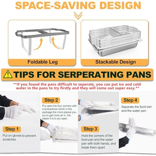 Festa Essential 3 Pack 8QT Rectangular Chafing Dish Buffet Set Stainless Steel Catering Chafers Food Warmer with Full,Half Food Pan,Fuel Holder,Foldable Frame For Weddings/Parties/Banquets Events - size: 1/1 pan*3, 1/2 pan*6