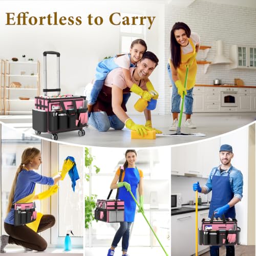 Cleaning Caddy with Wheels - Rolling Cleaning Caddy Bag with Detachable Trolley, Cleaning Caddy for Cleaning Supplies, Cleaning Bag for Housekeeping, Pink - color: Pink