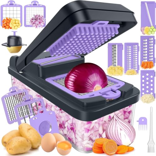 12-in-1 Vegetable Chopper with 7 Blades, Food Veggie Cutter, Purple - color: Purple, size: 7 Blades