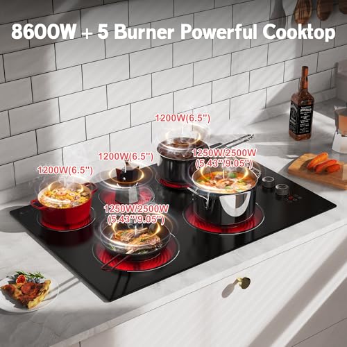30 Inch Electric Cooktop 5 Burner, 8600W Dual Ring, Knob & Touch - size: 30 Inch 5 Burner 586142