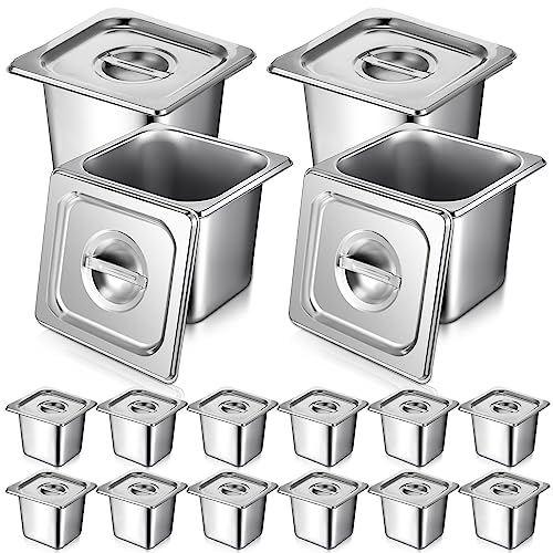 16 Pack 1/6 Stainless Steel Pans with Lid, 2Tongs, 4Spoons, 6 Inch Deep - size: 6 Inch