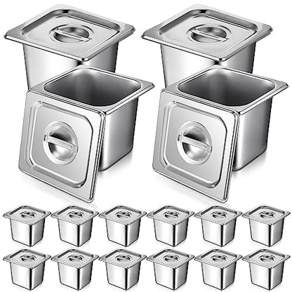 16 Pack 1/6 Stainless Steel Pans with Lid, 2Tongs, 4Spoons, 6 Inch Deep - size: 6 Inch