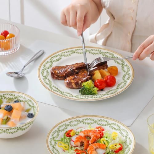 Bone China Dinnerware Set for 4, 12 Pcs White Plates and Bowls, Green Rim - color: Green