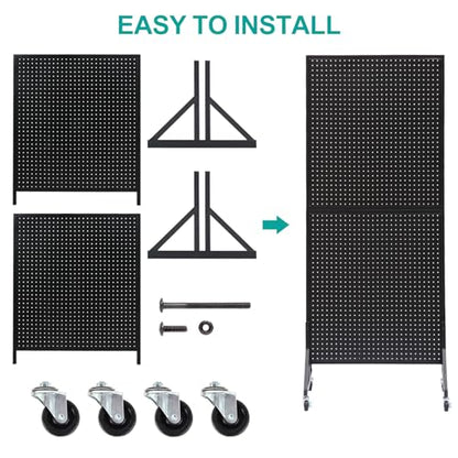 Eastern Tree 2.5'x 6' Metal Pegboard Display Stand with T-Base, Black Peg Board Panels Display with Casters, Standing Pegboard Display, Retail Display Stand, Extra 10 Pieces Hooks, Black - size: 1-Pack Black