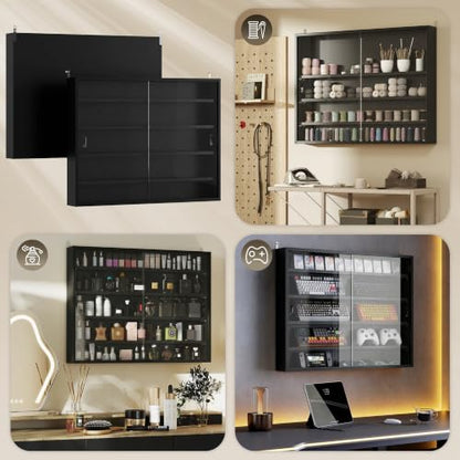 HOMCOM 5-Tier Wall Mounted Display Cabinet Glass Doors Jet Black - color: Jet Black