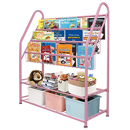 aboxoo Metal Kids Bookshelf Pink Bookcase Freestanding for Children Girls Room 32 inches Large Toddler Pink Stable Bookcase Bookstore Library Book Unit Storage - color: Pink, size: Large