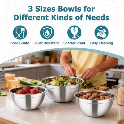 TeamFar Mixing Bowl Set, 4.5/3/1.5 QT Stainless Steel Nesting Salad Bowls - color: Dark Blue