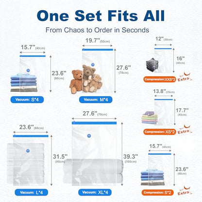 HOUSE DAY 22 Pack Vacuum Storage Bags with Pump,Space Saving Vacuum Seal Bags For Clothing Travel,4 Jumbo/4 Large/4 Medium/4 Small, 2S/2XS/2XXS Roll Up Bags, Hand Pump Included, Sealer Clothes Storage - size: 22 Pack