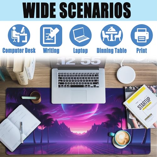 Large Gaming Mouse Pad for Desk,Cool Retrowave Landscape Desk Mat,Science Fiction Scene Desk Pad, Extended Big Computer Keyboard Mouse Pad with Non-Slip Base and Stitched Edge 35.4"x15.7" - color: Cool Retrowave Landscape, size: 15.7" x 35.4"