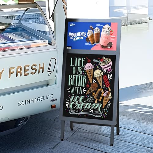Portable A-Frame Rechargeable Digital Signage Kiosk with LED Message Writing Board, 8H Battery Powered USB Plug & Play Dual Screen, Foldable Advertising Display for Retail Stores, Restaurants
