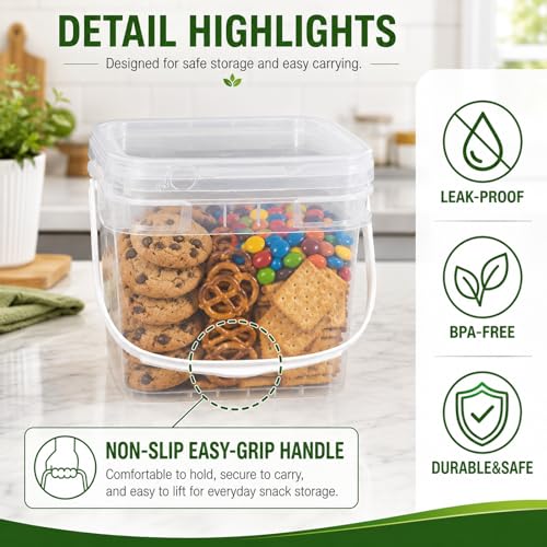 DEMORA 68oz Food Grade Square Plastic Bucket with Lid, Clear Airtight Storage Container, Reusable Pail for Kitchen Food Water Ice Cream Household Use (Transparent, 6Pcs) - color: Transparent