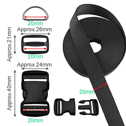 CooBigo 3/4 Inch Buckles Straps Set 6 Yards 3/4 Inch Black Nylon Webbing Strap 6 Pcs Plastic Buckle Dual Adjustable 12pcs Tri-glide Slide Clip Metal D Rings - color: 3/4"sets