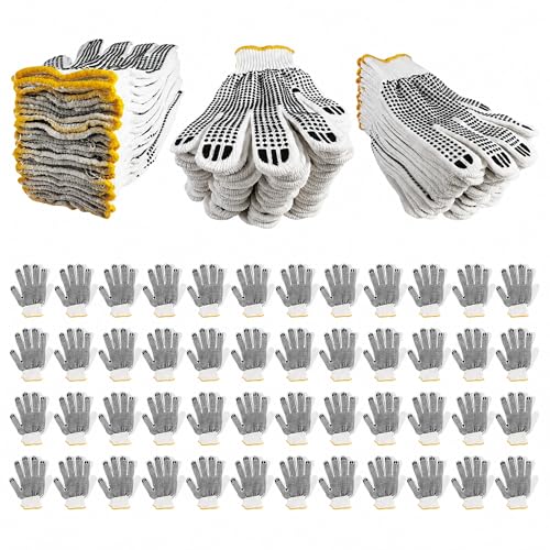 Winterlace 48 Pairs Cotton Grip Work Gloves Bulk Safety Protection Non-Slip PVC Rubber Dots Garage Construction Warehouse - color: 48 Pairs - Black Dots