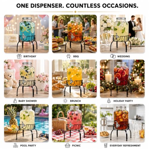 Estilo Gallon Drink Dispenser with Stand - Glass Beverage Dispenser with Stand for Weddings - Sun Tea Jar with Spigot 1 Gallon - Countertop Glass Water Dispenser for Lemonade and Parties - size: 1 Gallon, style: Single w/ Stand