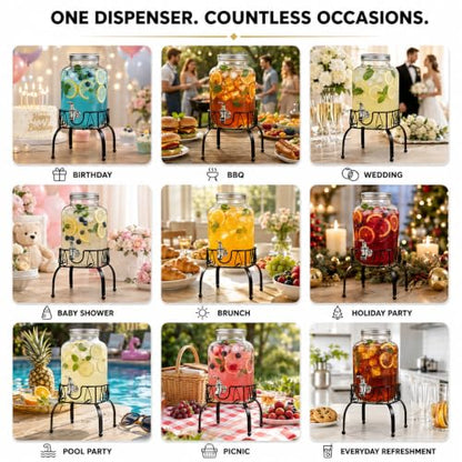 Estilo Gallon Drink Dispenser with Stand - Glass Beverage Dispenser with Stand for Weddings - Sun Tea Jar with Spigot 1 Gallon - Countertop Glass Water Dispenser for Lemonade and Parties - size: 1 Gallon, style: Single w/ Stand