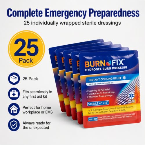 Burn-Fix- 25 Pack-Burn Gel Dressing 4 x 4" Burn Care Cream First Aid Treatment. Immediate Pain Relief Hydrogel Burn Dressing for 1st, 2nd Degree Burns, Razor & Sunburns for Home, Work, Fire, EMS - size: 1.4 Ounce (Pack Of 25)