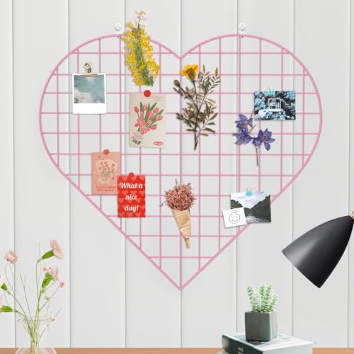 ECLENYES Grid Photo Wall Panels - 22.4"x20.4" Heart Shape Iron Rack Art Wire Board, Wall Grid Organizer, DIY Photo Frame for Home, Office, Kitchen, Bedroom, Christmas Gifts - Pink - color: Pink