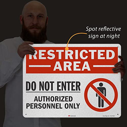 SmartSign 18" x 24" 'Restricted Area Do Not Enter, Authorized Personnel Only' Metal Sign with Symbol, 80 mil Aluminum, 3M Laminated Engineer Grade Reflective, Red, White and Black, USA-Made - style: 18" x 24" - EG Aluminum