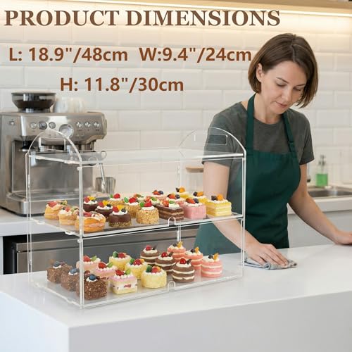 Cupcake Display Case with Handle – 19x 9.5x 11.8″ Commercial Bakery Showcase –Large bread box Transparent Acrylic Food Display for Desserts, Donuts, Cakes, Pastries – Easy to Clean & Assemble - size: 2 Tiers