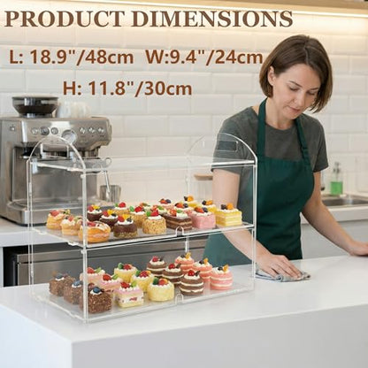 Cupcake Display Case with Handle – 19x 9.5x 11.8″ Commercial Bakery Showcase –Large bread box Transparent Acrylic Food Display for Desserts, Donuts, Cakes, Pastries – Easy to Clean & Assemble - size: 2 Tiers