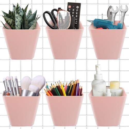 6Pack Pink Grid Wall Bins Hanging Cups with Back Hook, Gridwall Shelf Bins - color: Pink