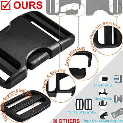 Buckles for 1-1/2 inch Wide Webbing Straps: Quick Side Release Buckle 4 set and Tri-Glide Slide 8 pcs Fit 1.5" Nylon Web Belt, Plastic Snap Fastener Clip Heavy Duty Replacement Dual Adjustable - size: 4 Set for 1-1/2 inch Webbing